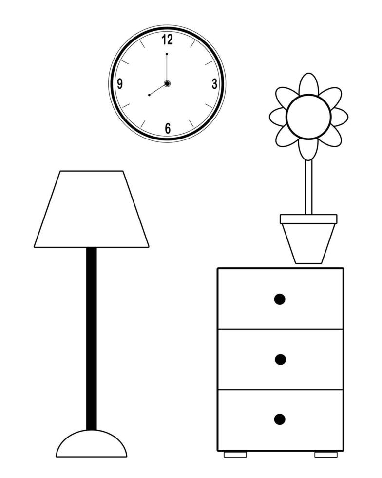 interior line art illustration. lamp cupboard, flowers, clock vector