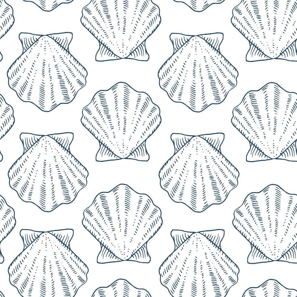 Seashell Vector seamless Pattern. Outline illustration of Scallop Background. Blue and white line art. Hand drawn graphic sketch in nautical style. Linear print drawing for fabric design