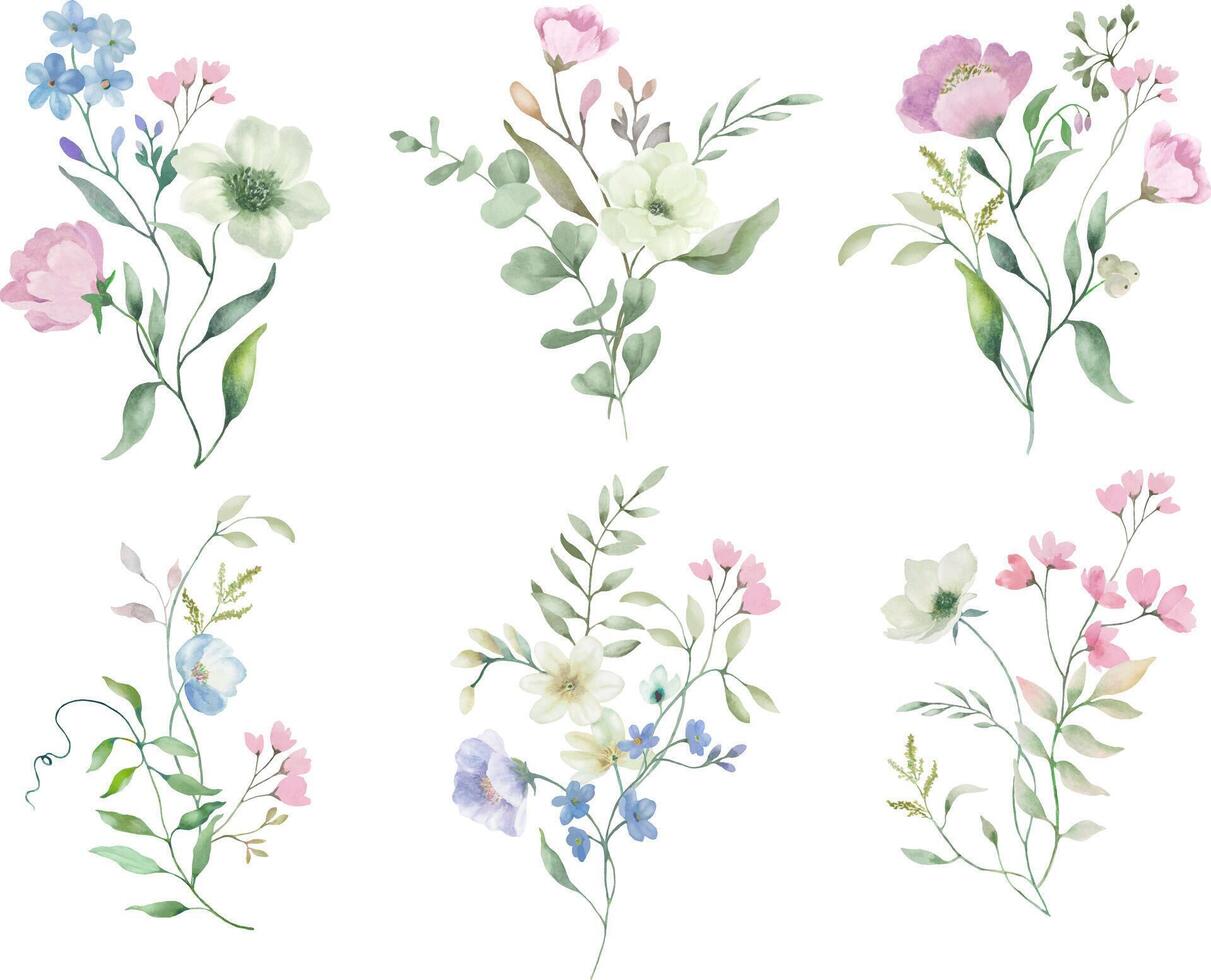 Watercolor floral set. Hand drawn illustration isolated on transparent background. vector