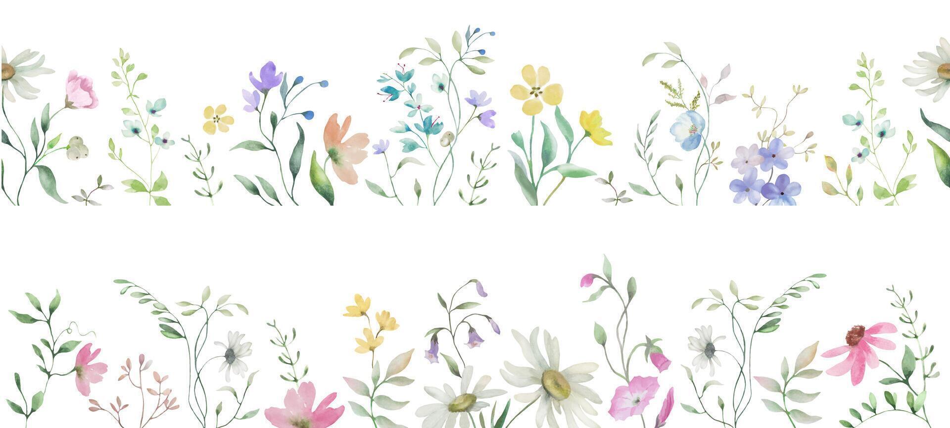 Seamless watercolor floral border set. Hand drawn illustration. Vector EPS.