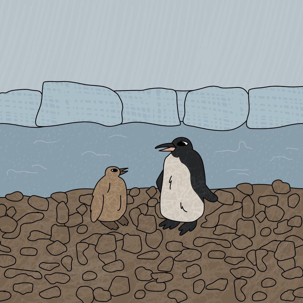 King penguin and a chick. Vector hand drawn cartoon illustration. Two Antarctic birds on the beach near the sea and icebergs. Polar textured illustration