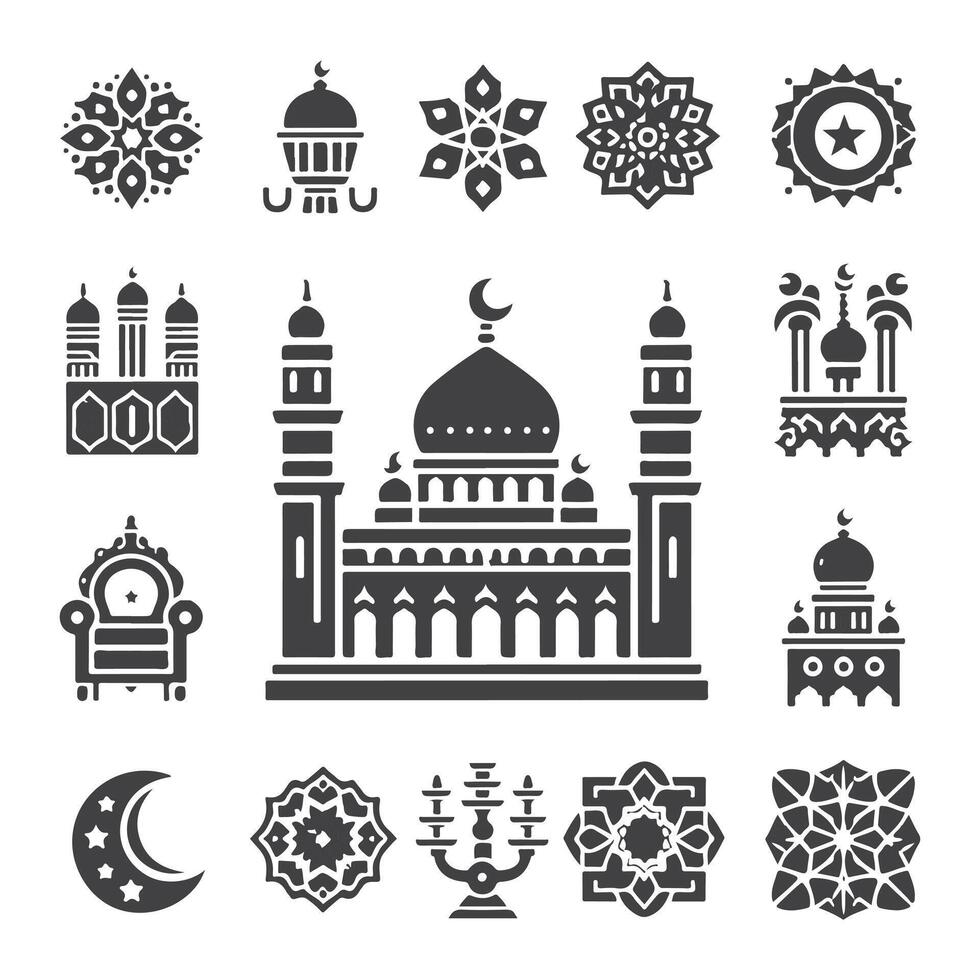 icono elementos para un islámico tema, con un lujo estilo, monocromo, departamento, negro y blanco vector