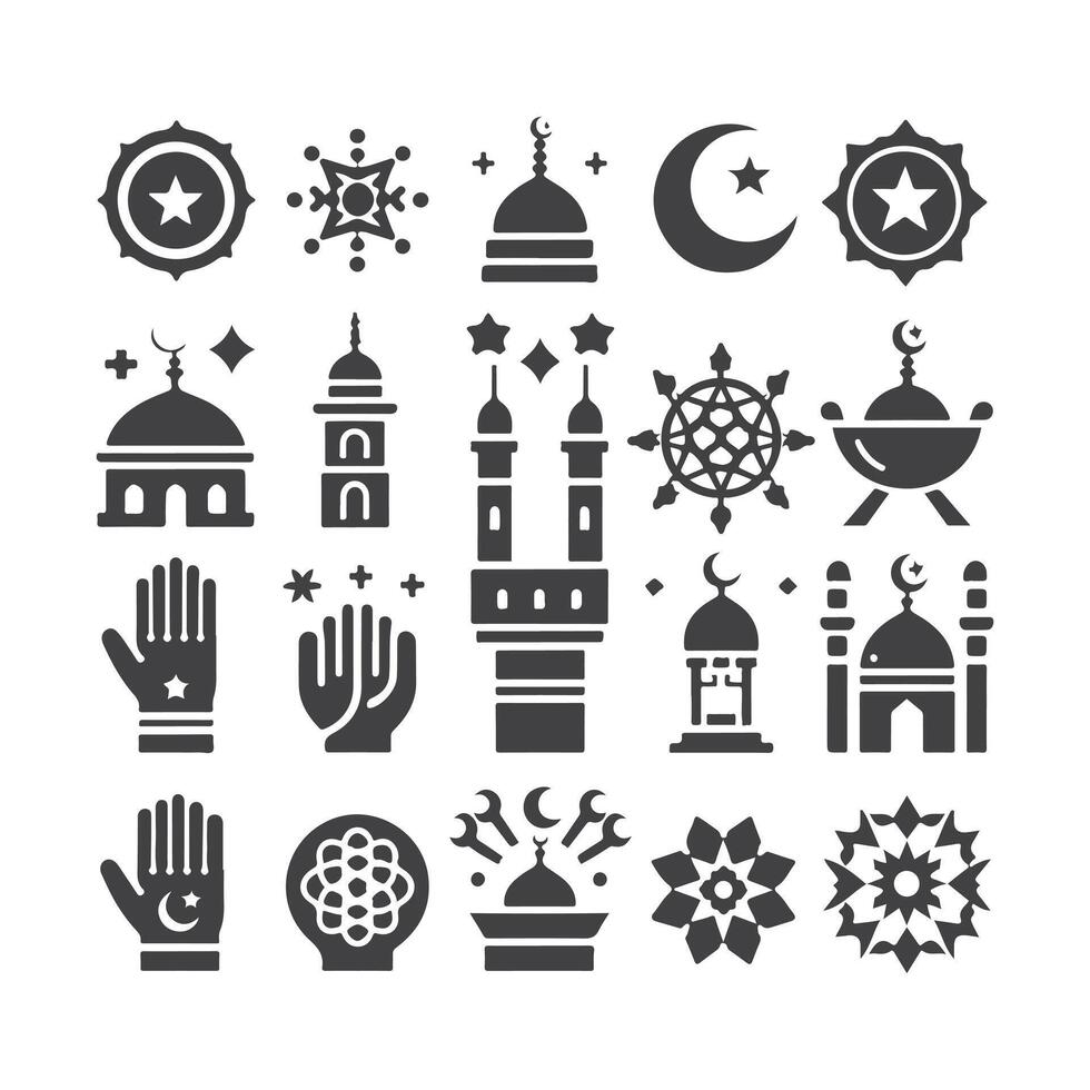 Icon elements for an Islamic theme, with a luxury style, monochrome, flat, black and white vector