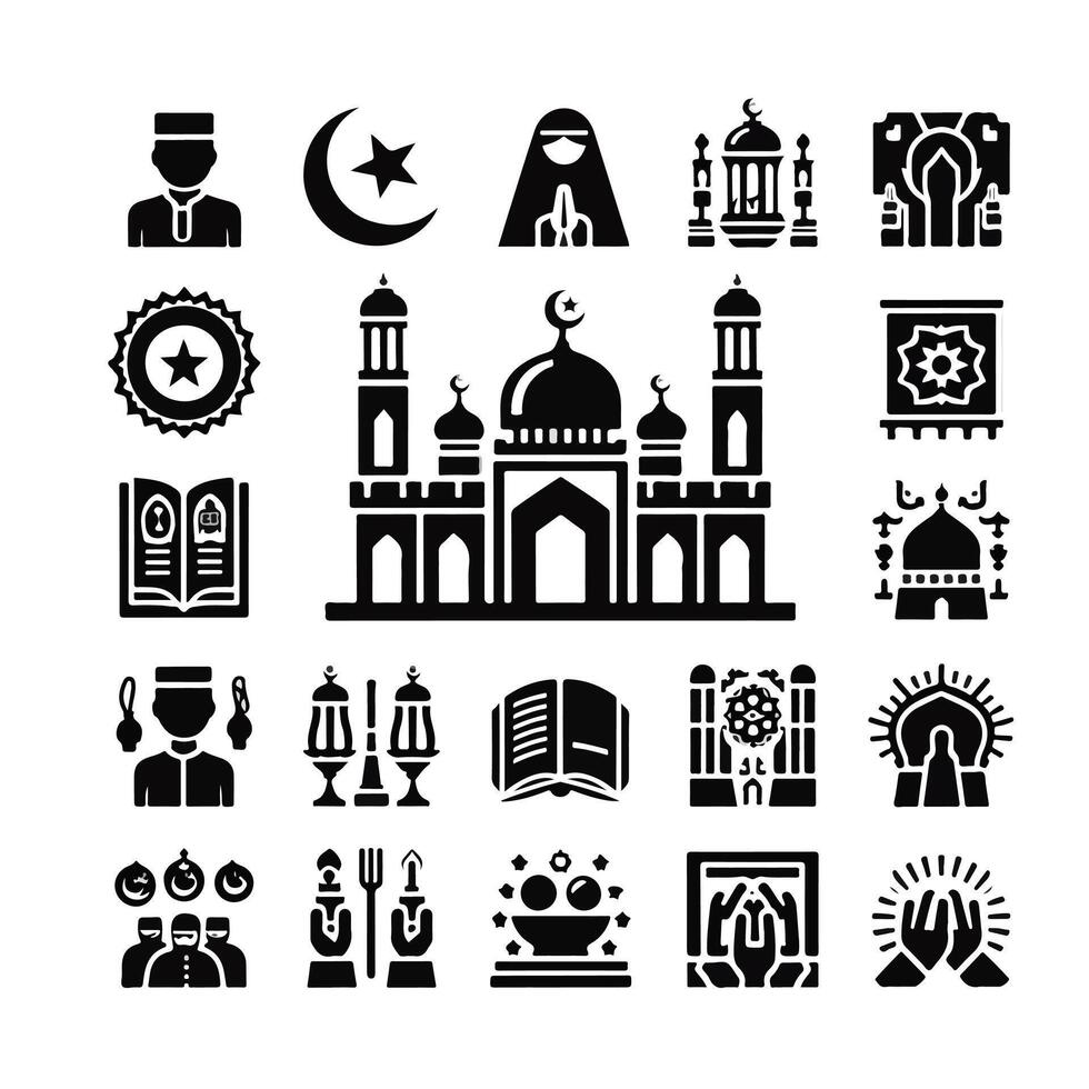 Icon elements for an Islamic theme, with a luxury style, monochrome, flat, black and white vector