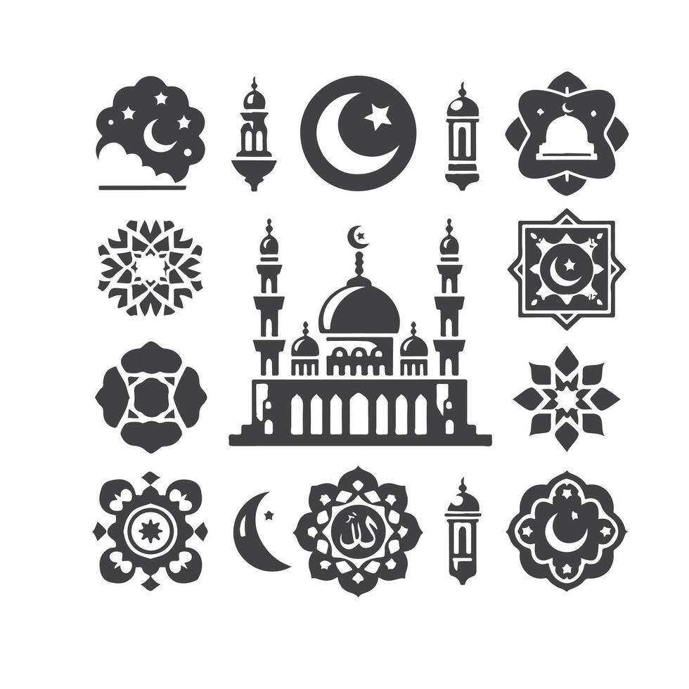 icono elementos para un islámico tema, con un lujo estilo, monocromo, departamento, negro y blanco vector