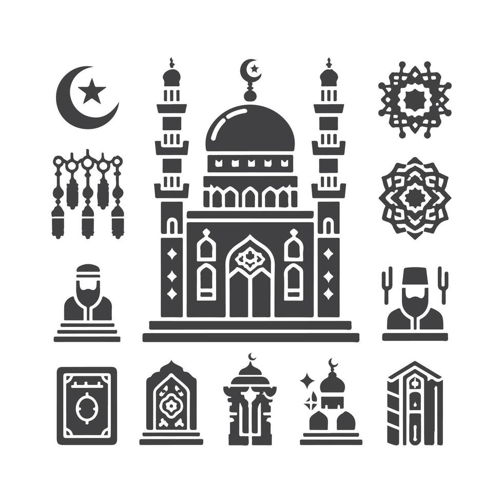 Icon elements for an Islamic theme, with a luxury style, monochrome, flat, black and white vector