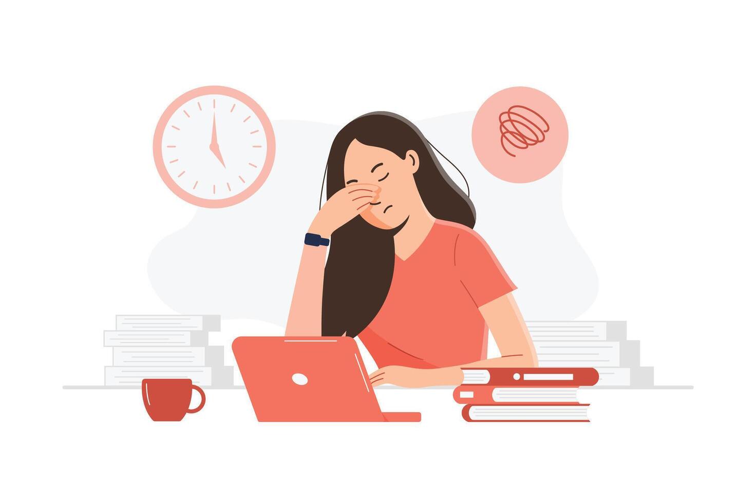 joven mujer participación su cara con su mano, sentado a el escritorio con ordenador portátil y apilar de libros. trenzado y cansado desde estudiando o trabajando concepto. plano personaje diseño y ilustración. vector