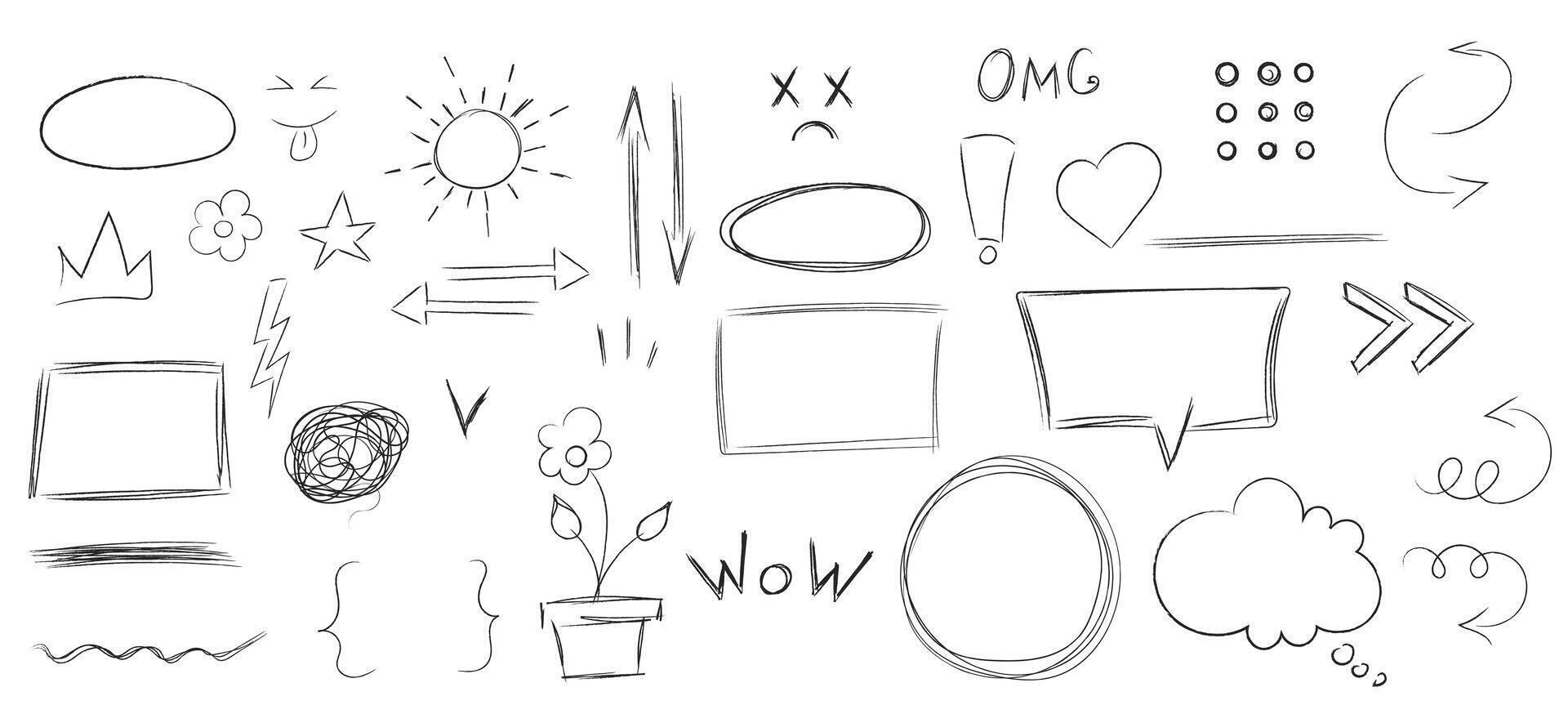 Hand drawn scribbles frame, text box, speech bubbles, arrows, crown, flower  set. Outline design elements vector