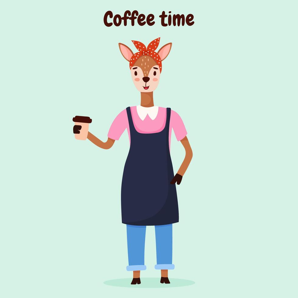 mano dibujado linda animal personaje ciervo barista con café taza vector