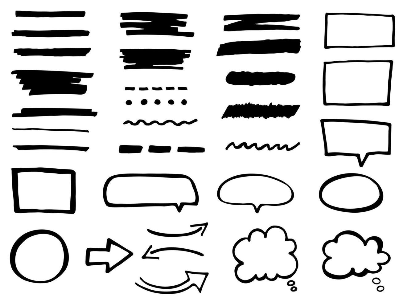 Hand drawn speech bubble, brushes, frame, arrows, text box, underline set vector