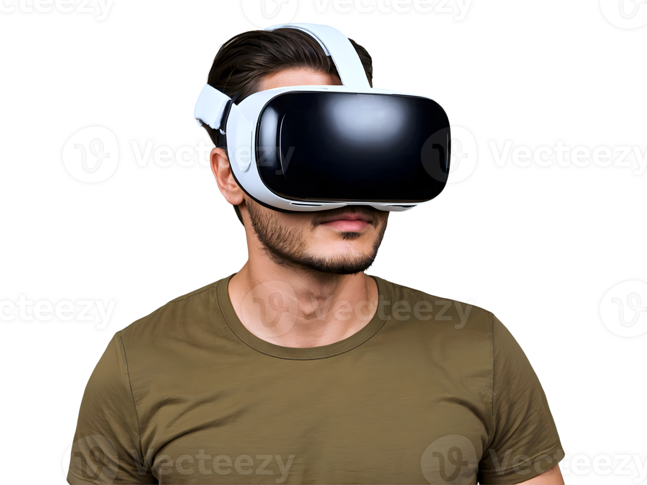 AI generated portrait of handsome man wearing virtual reality head set, vr googles, people and technology, isolated on transparent background png