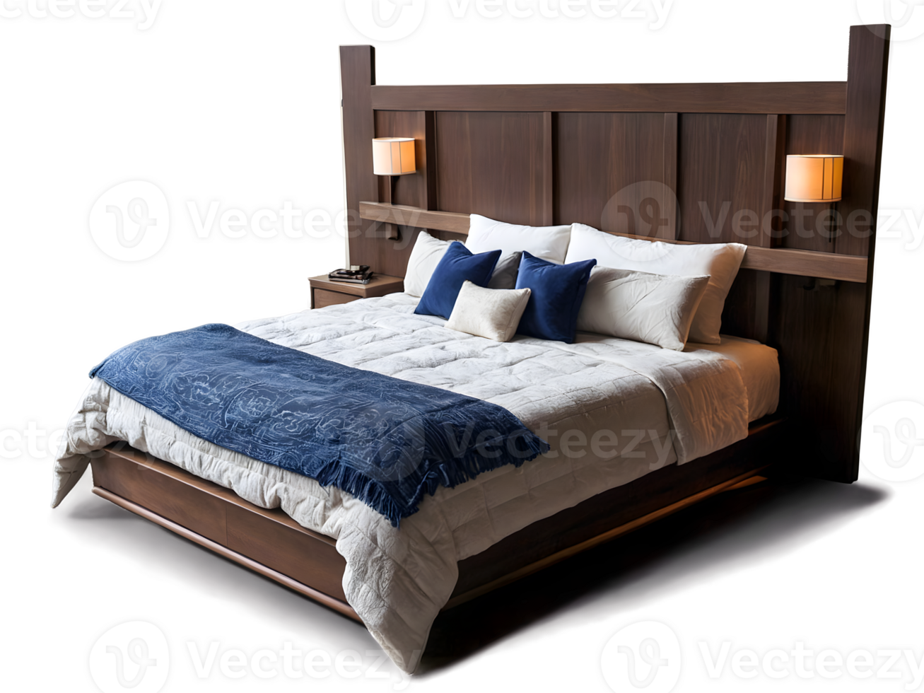 AI generated Double bed, king size wooden bed, luxury divan, isolated on transparent background, bedroom furniture png