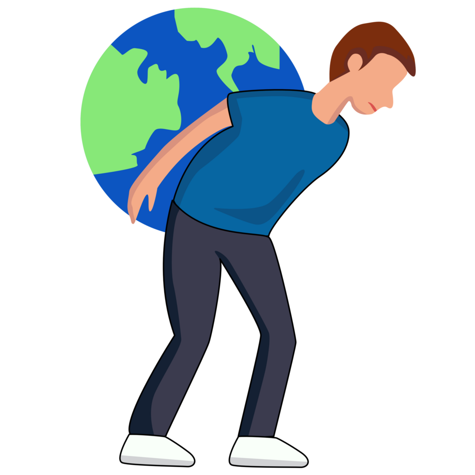 A man who is carrying a heavy burden of world. png
