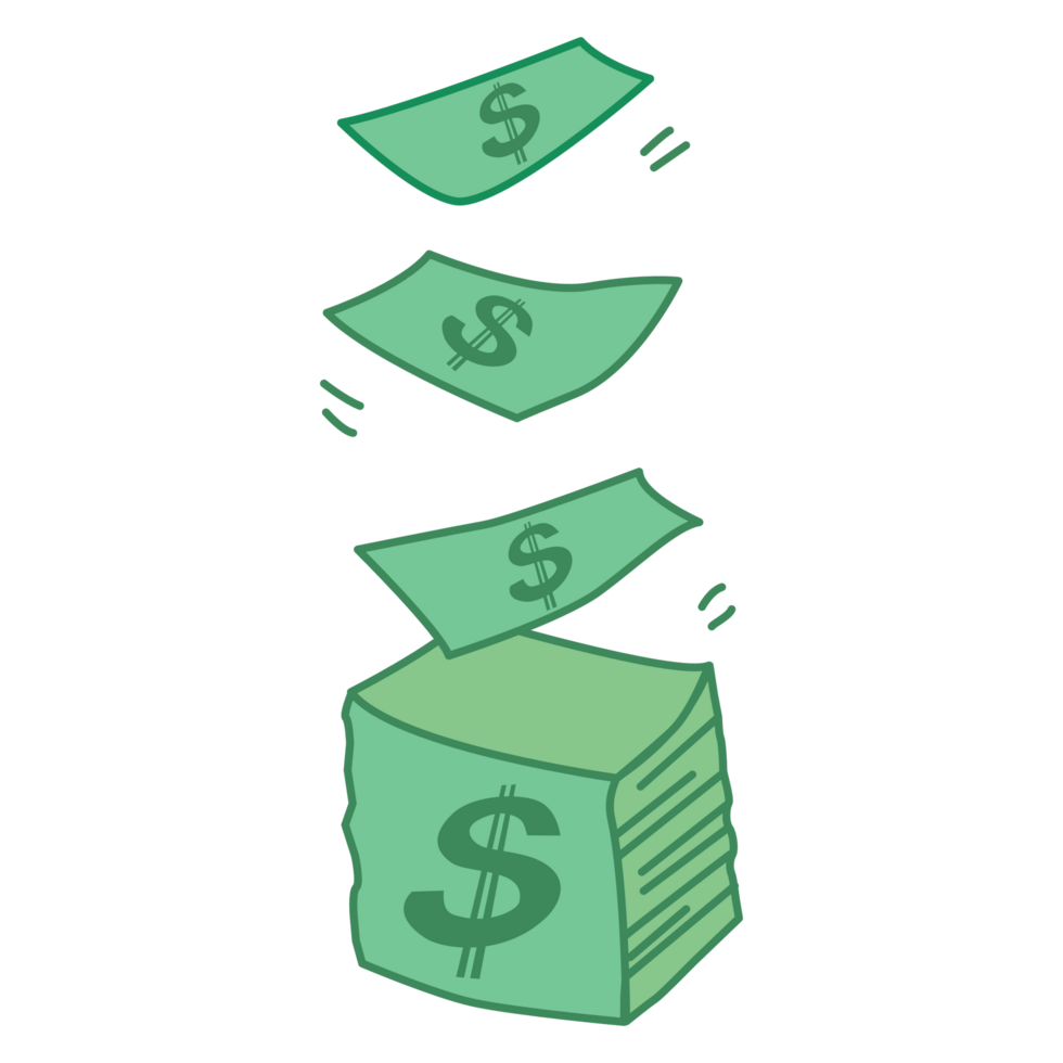 Dollars Falling to bundle of money. cartoon. Business design element for banner or poster. png