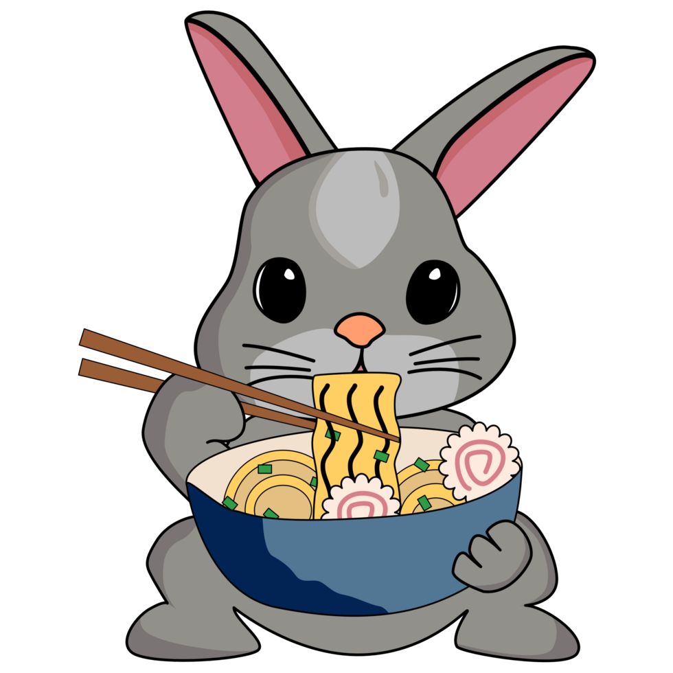 Cute grey rabbit eat ramen noodles. Inscription Yum Yum. Kawaii little rabbit are happy to eat noodles. png