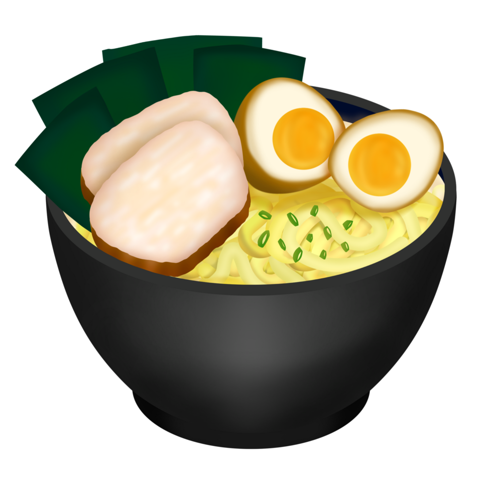 a bowl of ramen with eggs and meat png