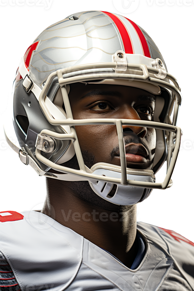 AI generated The head of a black American football player in gray. Close-up. White isolated background png