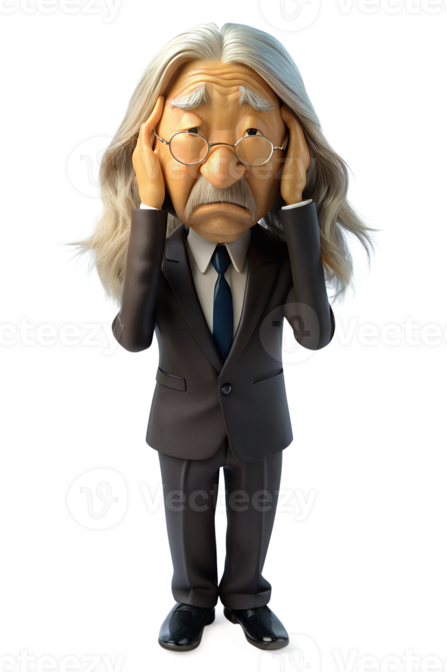 AI generated 3d style illustration of asia old man in office worker uniform, long hair, He is stressed png