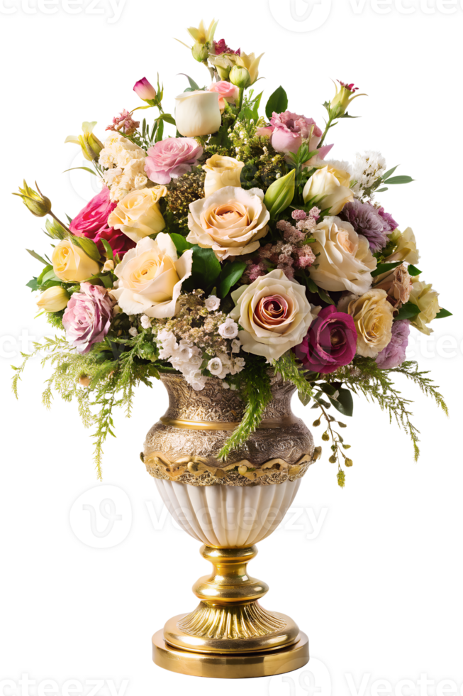 AI generated Elegantly decorated flowers arranged in ornate vases, isolated on transparent background png