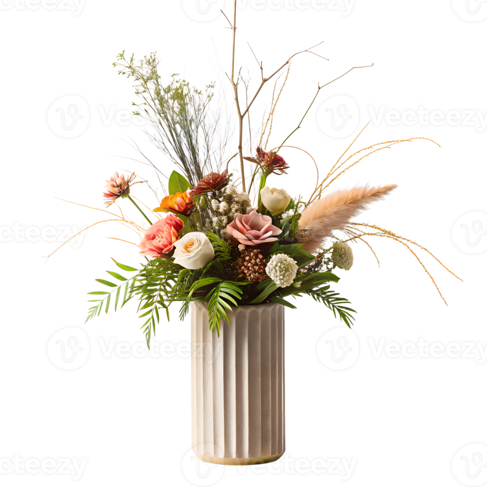 AI generated Elegantly decorated flowers arranged in modern minimalist vase, isolated on transparent background png