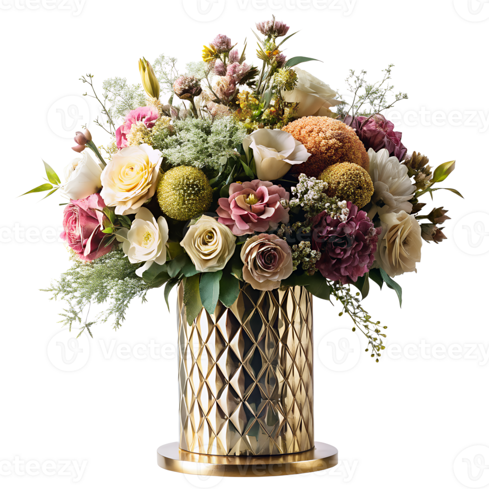 AI generated Elegantly decorated flowers arranged in modern luxury vase, isolated on transparent background png