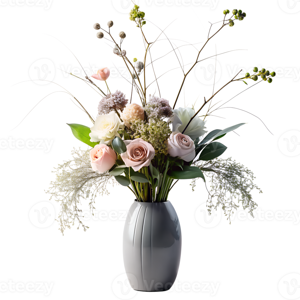AI generated Elegantly decorated flowers arranged in modern minimalist vase, isolated on transparent background png
