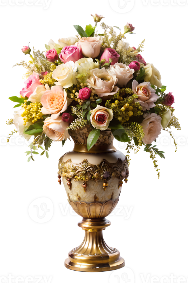AI generated Elegantly decorated flowers arranged in ornate vases, isolated on transparent background png