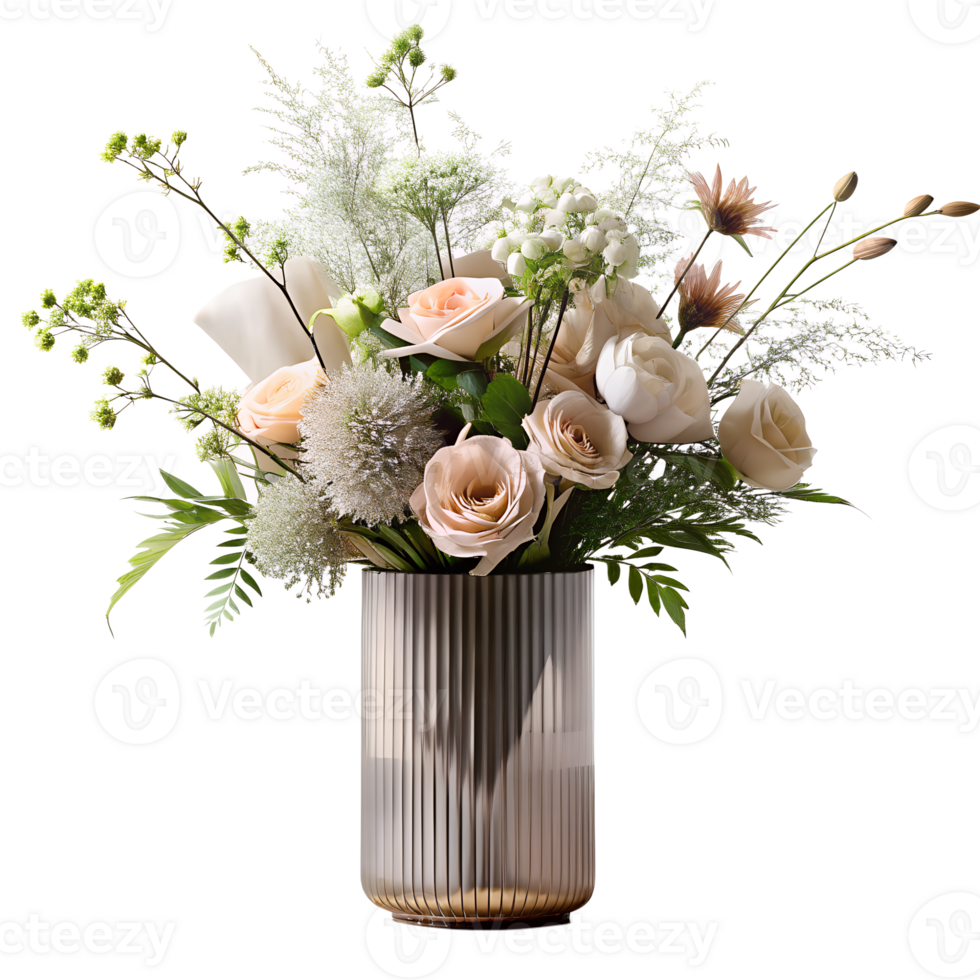 AI generated Elegantly decorated flowers arranged in modern minimalist vase, isolated on transparent background png