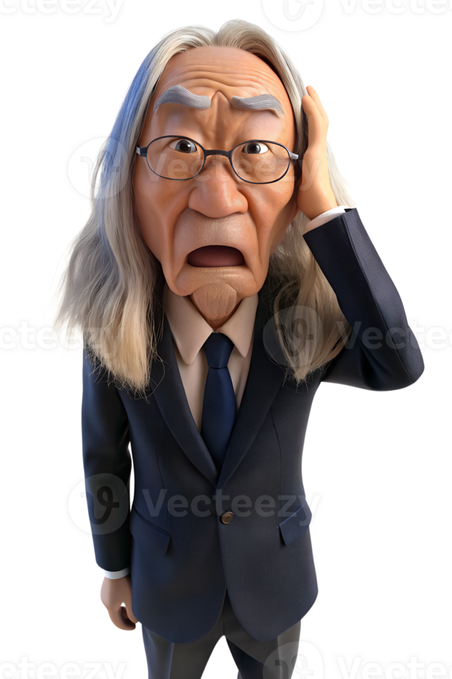 AI generated 3d style illustration of asia old man in office worker uniform, long hair, He is stressed png