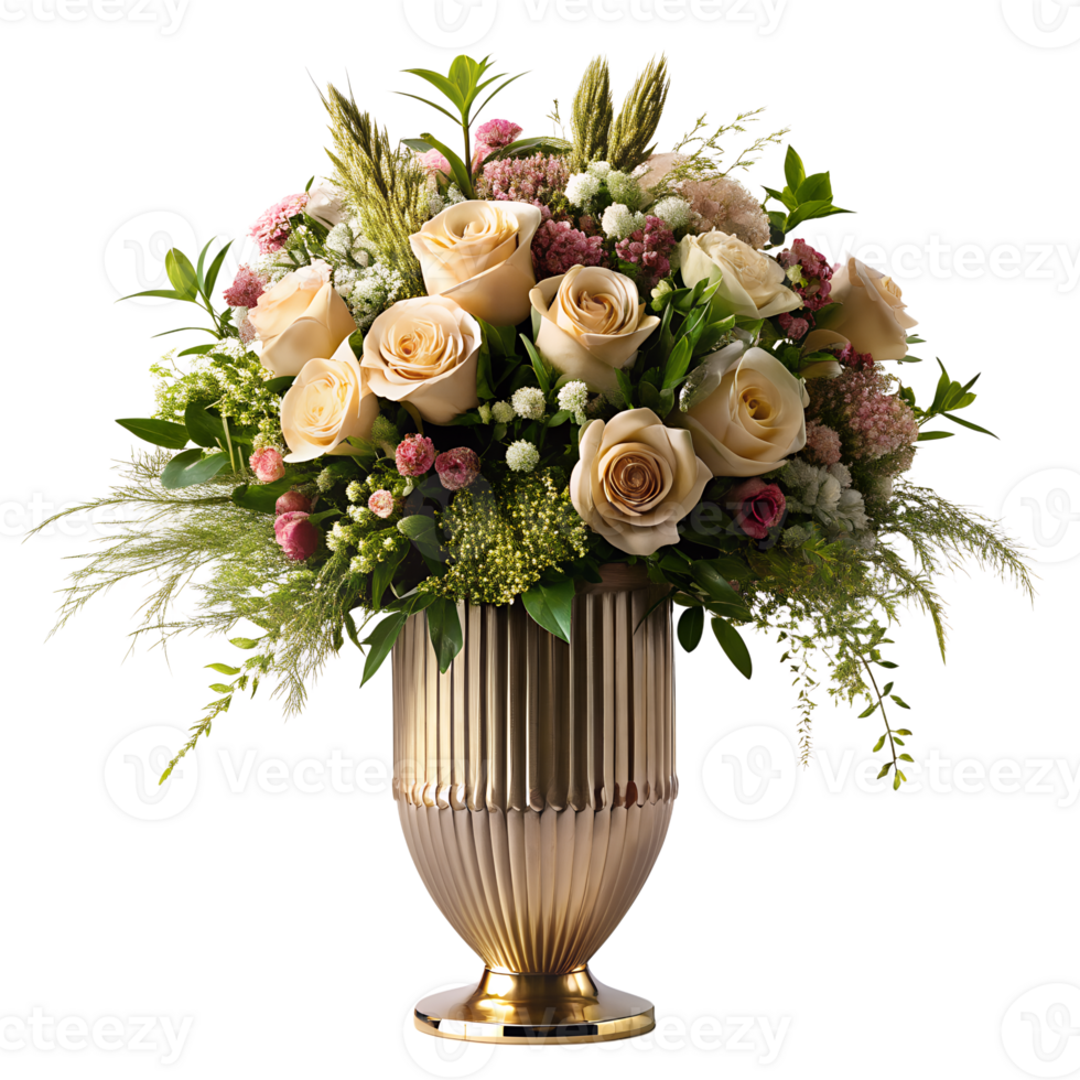 AI generated Elegantly decorated flowers arranged in modern luxury vase, isolated on transparent background png