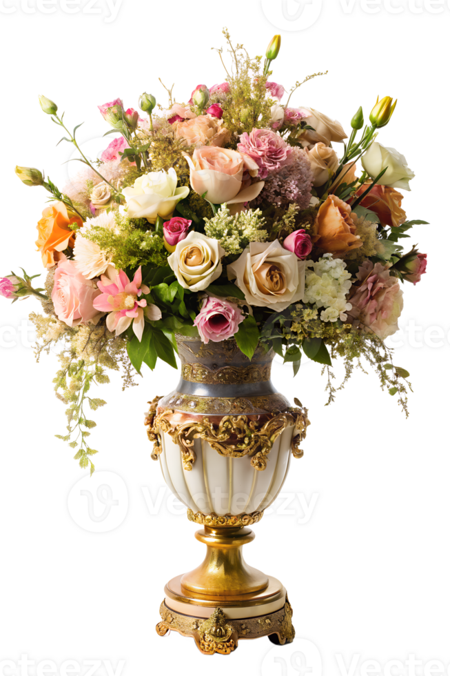 AI generated Elegantly decorated flowers arranged in ornate vases, isolated on transparent background png