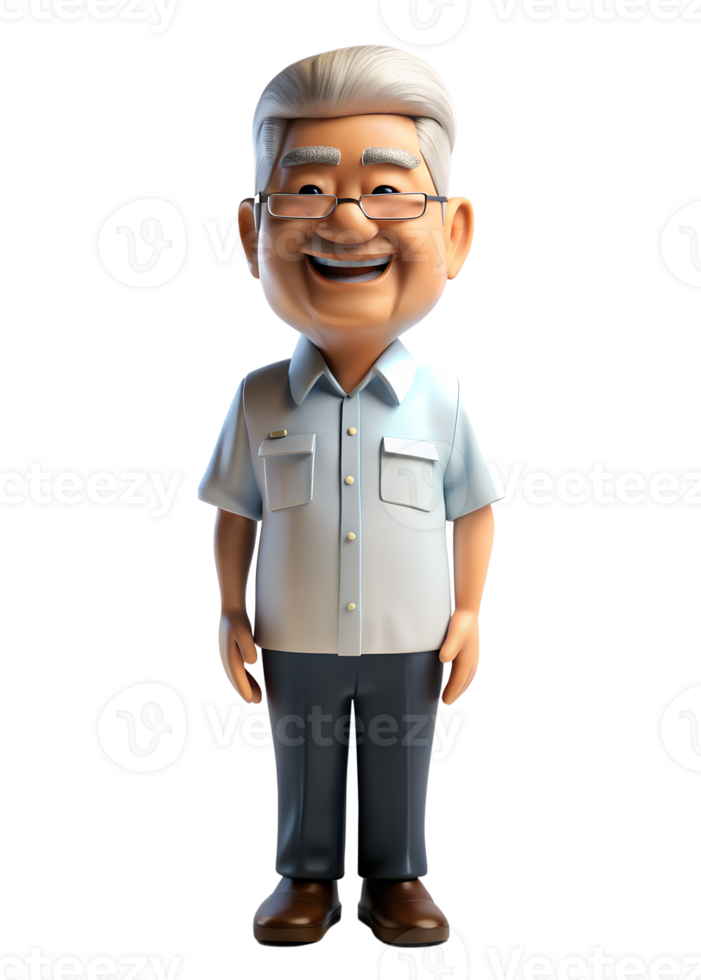 AI generated 3d style illustration of asia old man in office worker uniform with smile isolated on transparent background png