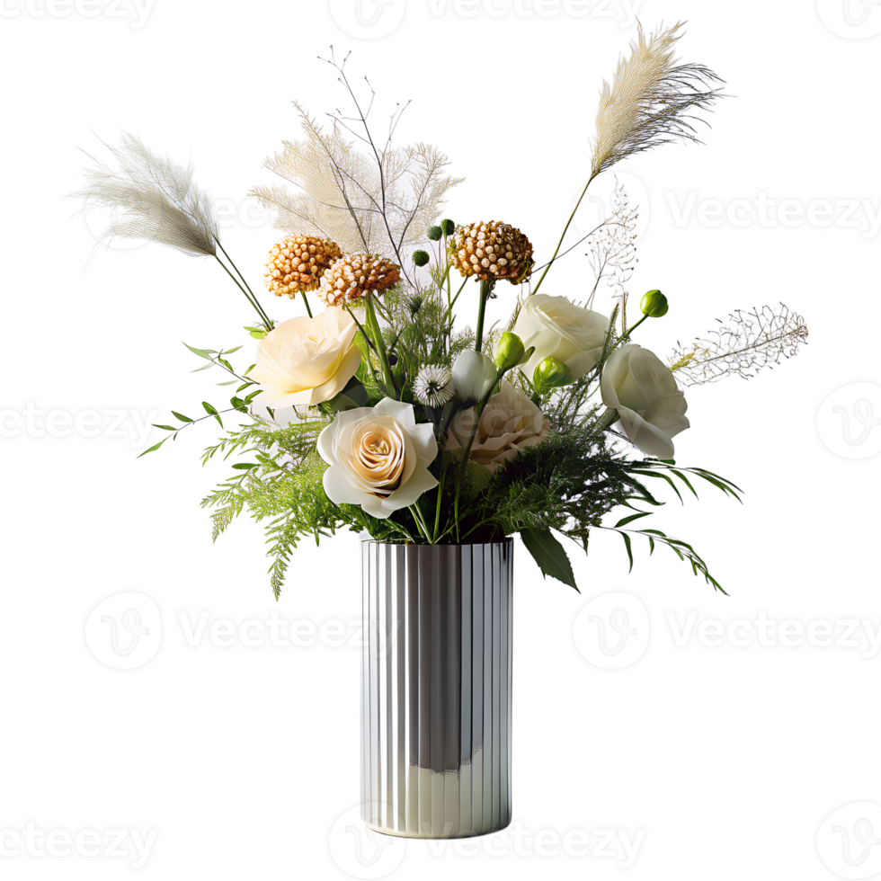 AI generated Elegantly decorated flowers arranged in modern minimalist vase, isolated on transparent background png