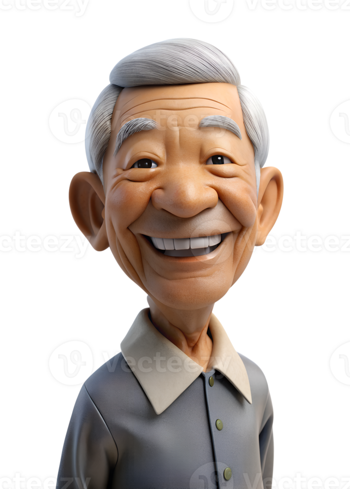 AI generated 3d style illustration of asia old man in office worker uniform with smile isolated on transparent background png