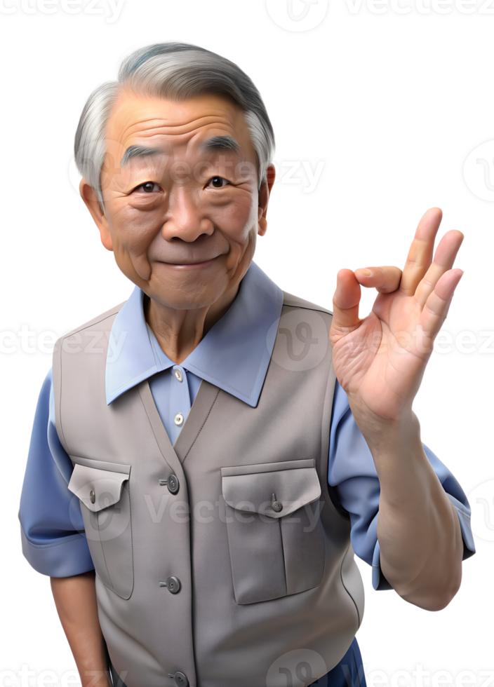 AI generated asia old man in office worker uniform with bored, She is OK hand, isolated on white background png