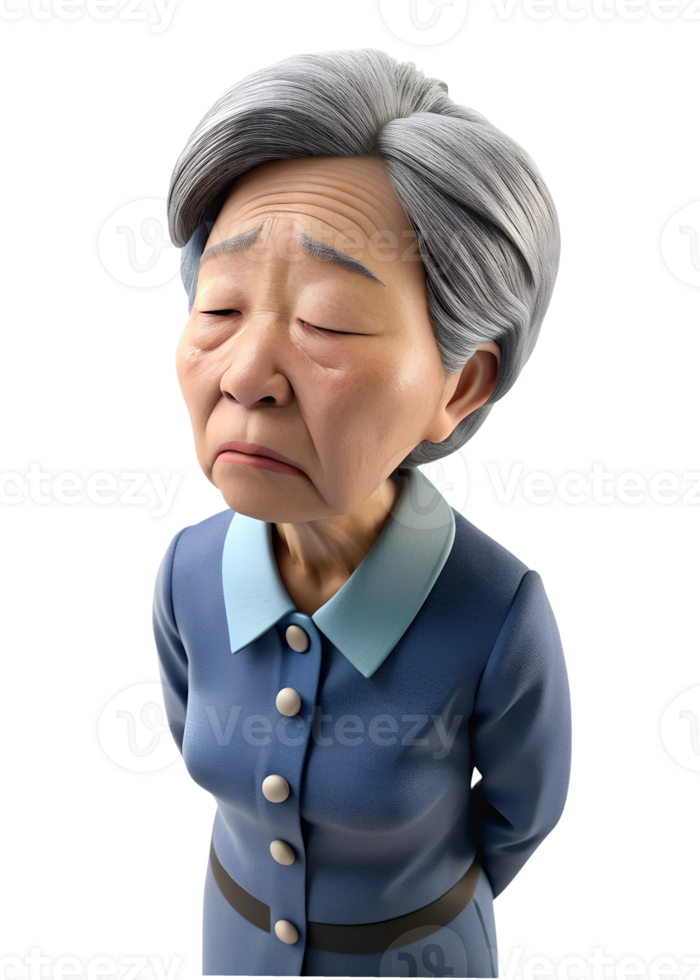 AI generated 3d style illustration of asia old woman in office worker uniform, She is exhosted, isolated on transparent background png