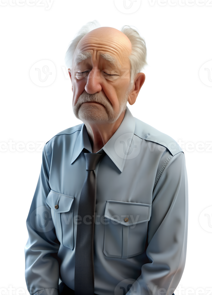 AI generated 3d style illustration of asia old man in office worker uniform, he is exhosted, isolated on transparent background png