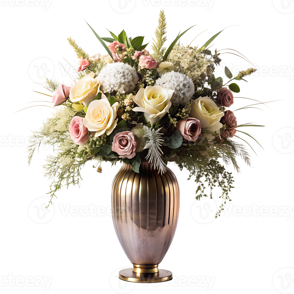 AI generated Elegantly decorated flowers arranged in modern luxury vase, isolated on transparent background png