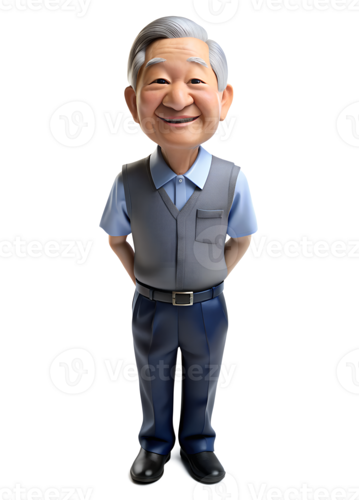 AI generated 3d style illustration of asia old man in office worker uniform, he is joyfull, isolated on background png