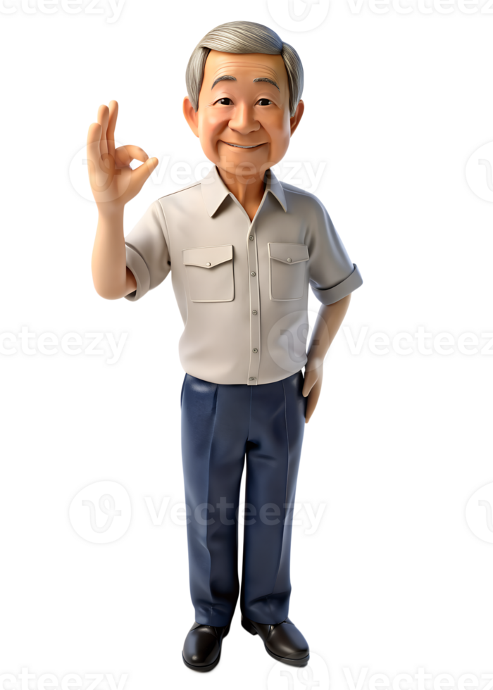 AI generated 3d style illustration of asia old man in office worker uniform, with happy, he is OK hand, isolated on transparent background png