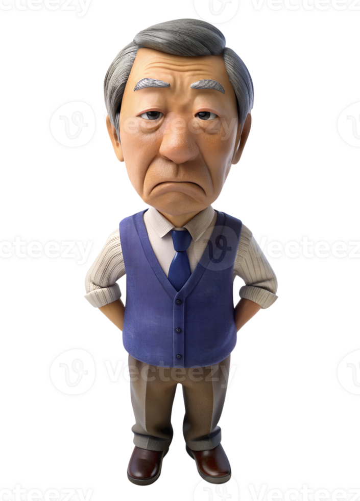 AI generated 3d style illustration of asia old man in office worker uniform, with bored, he is Shrug, isolated on transparent background png