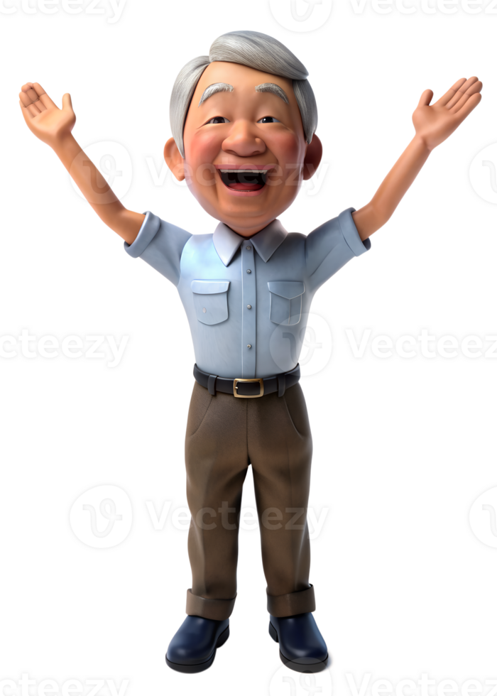 AI generated 3d style illustration of asia old man in office worker uniform, he is joyfull, isolated on background png