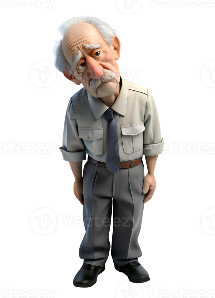 ai généré 3d style illustration de Asie vieux homme dans Bureau ouvrier uniforme, il est exhésif, isolé sur transparent Contexte png