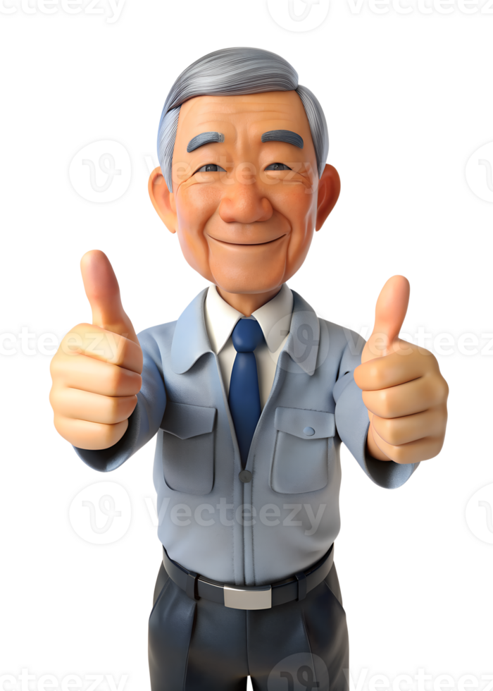 AI generated 3d style illustration of asia old man in office worker uniform with smile, he is Thumbs Up, isolated on transparent background png