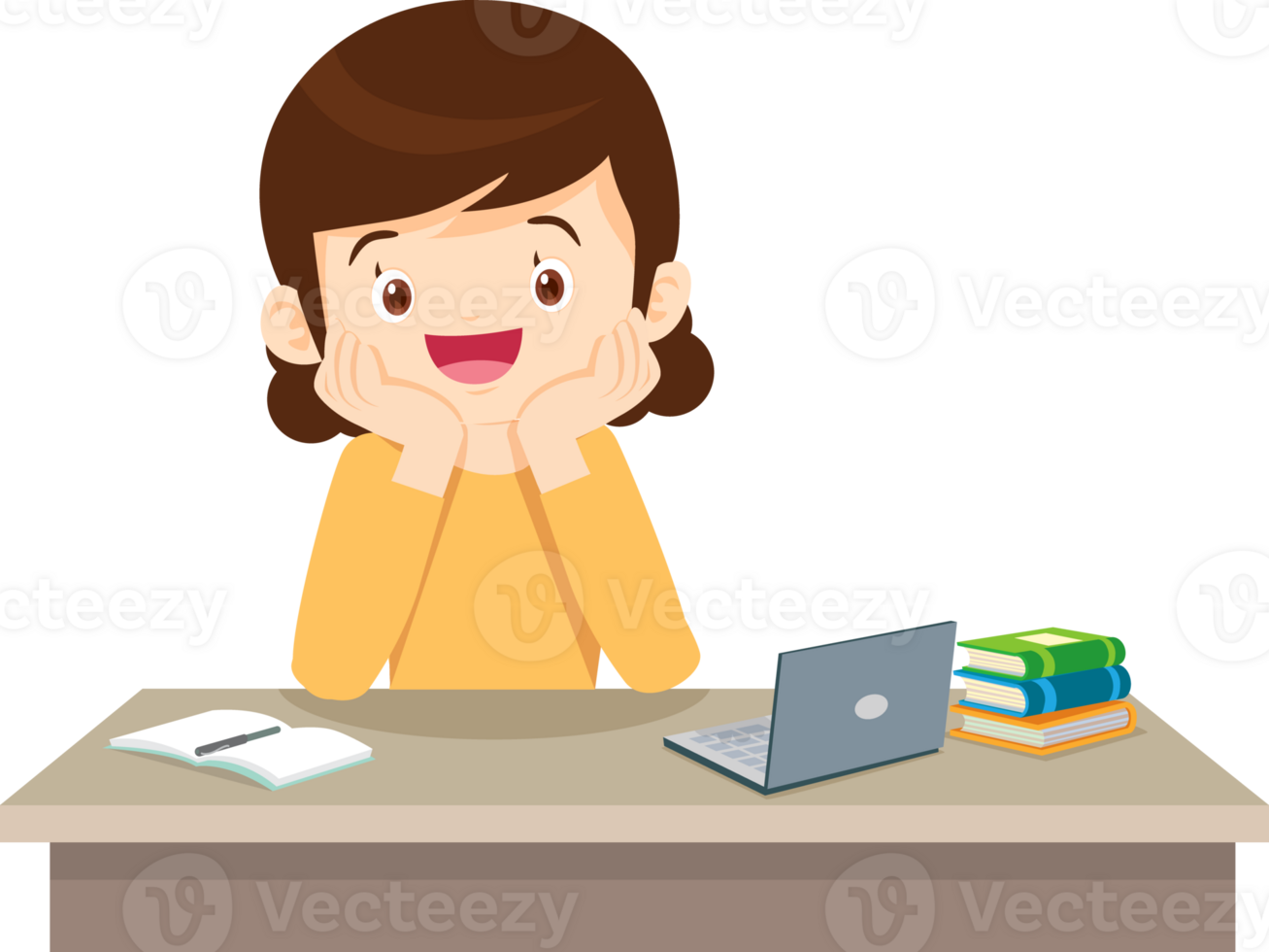 children thinking sitting and rest her chin in hands png