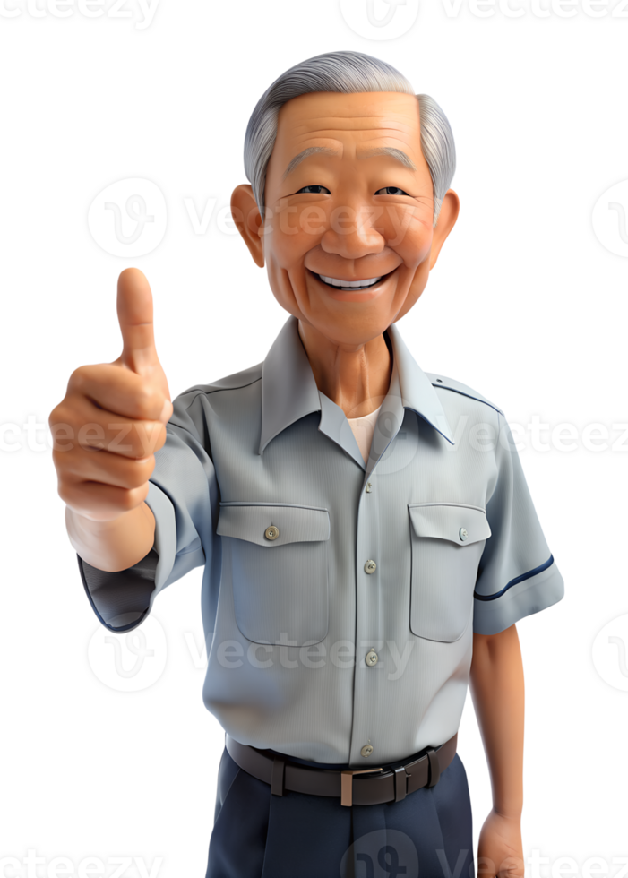 AI generated 3d style illustration of asia old man in office worker uniform with smile, he is Thumbs Up, isolated on transparent background png