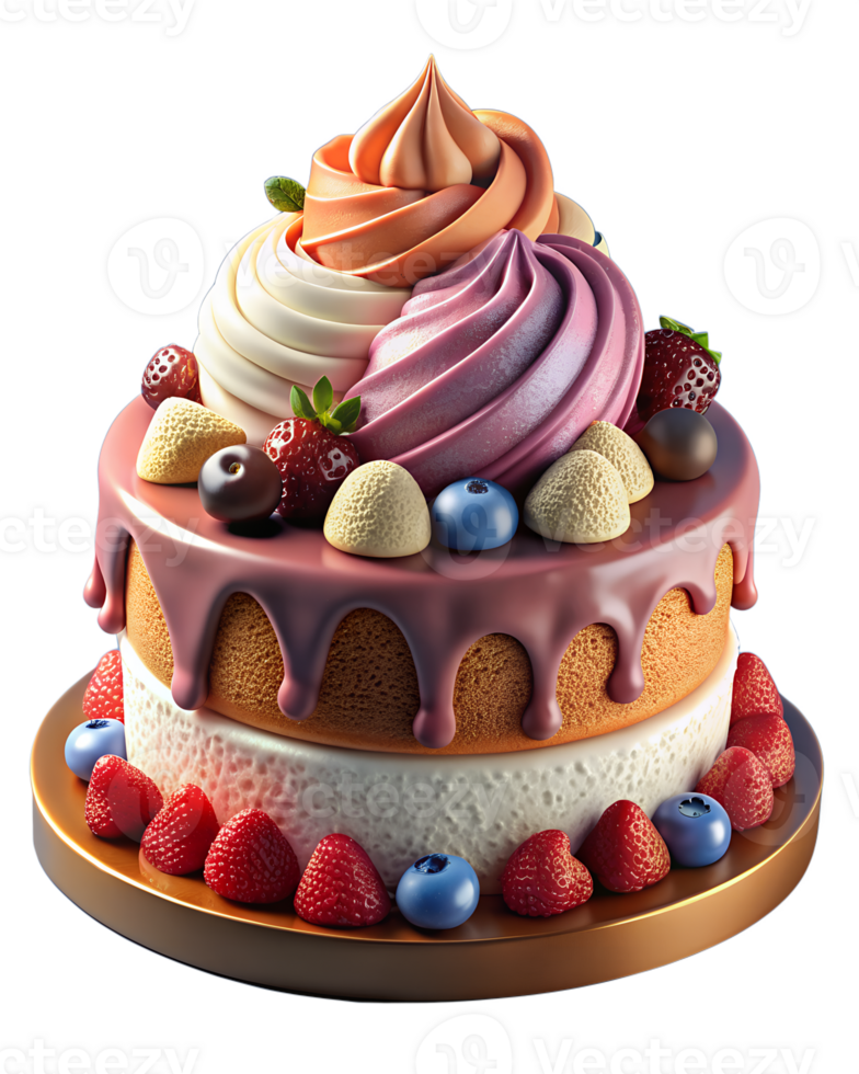 AI generated A layered cake with colorful icing, surrounded by fresh fruit such as strawberries and blueberries on transparent background, 3D style png