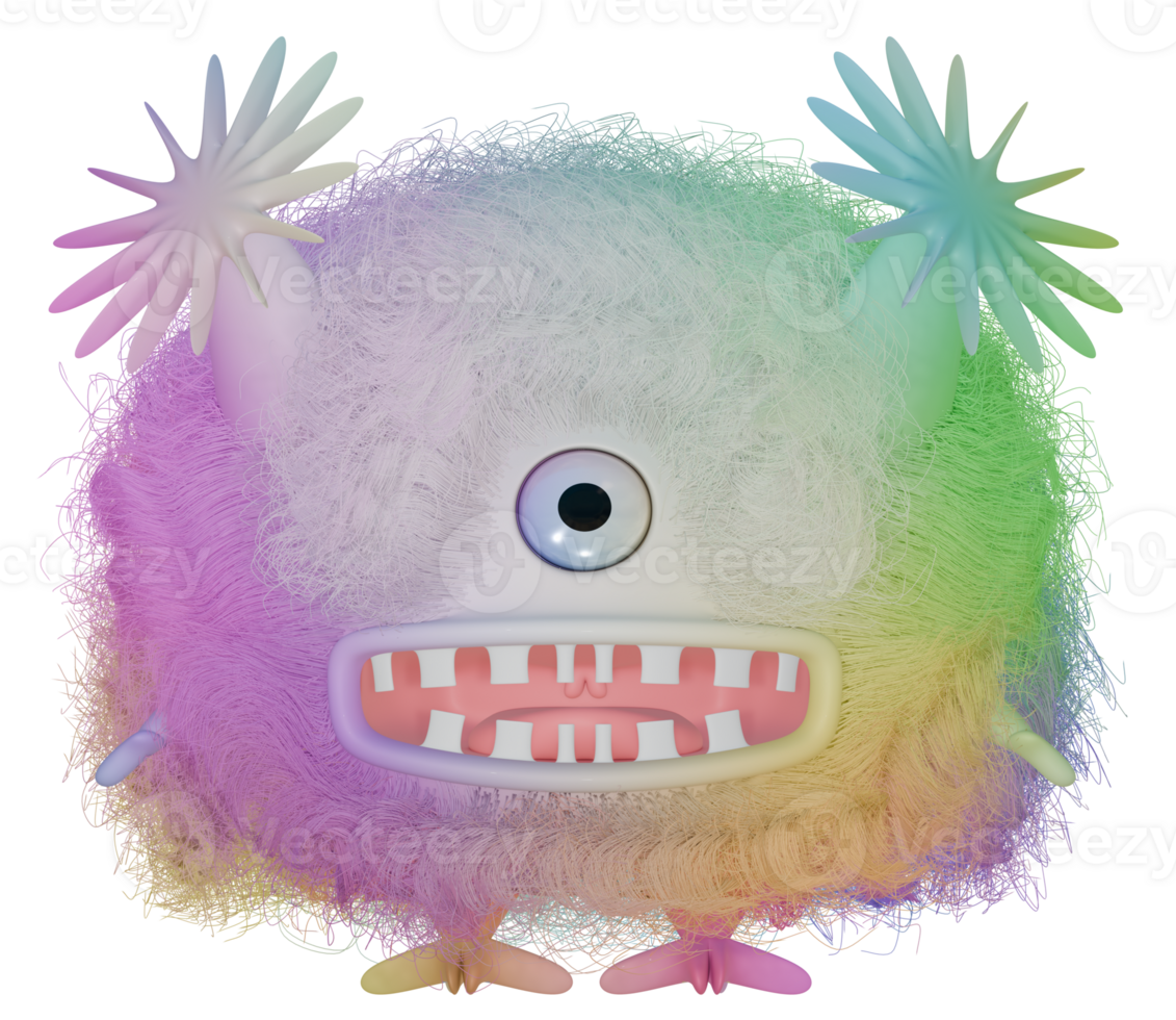 3D monster one eyed fluffy white pink png