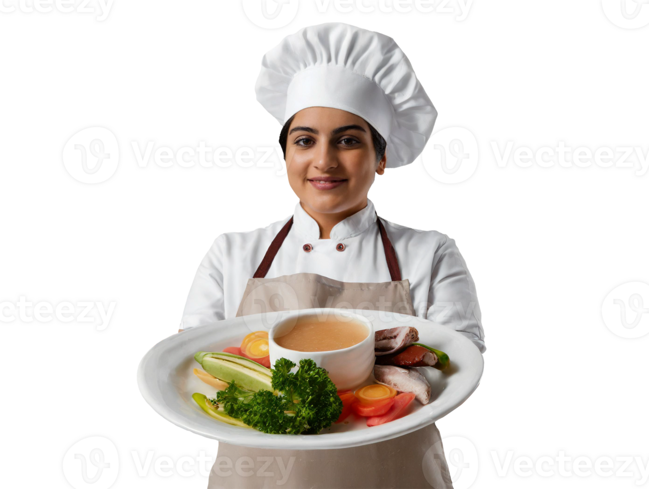 AI generated a female chef holding a plate with food png