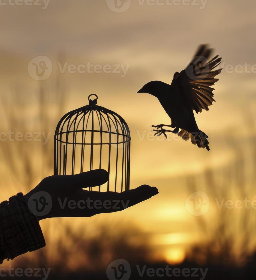 ai generado un mano participación un jaula silueta en contra el ajuste sol, mientras un hermosa pequeño pájaro volador foto